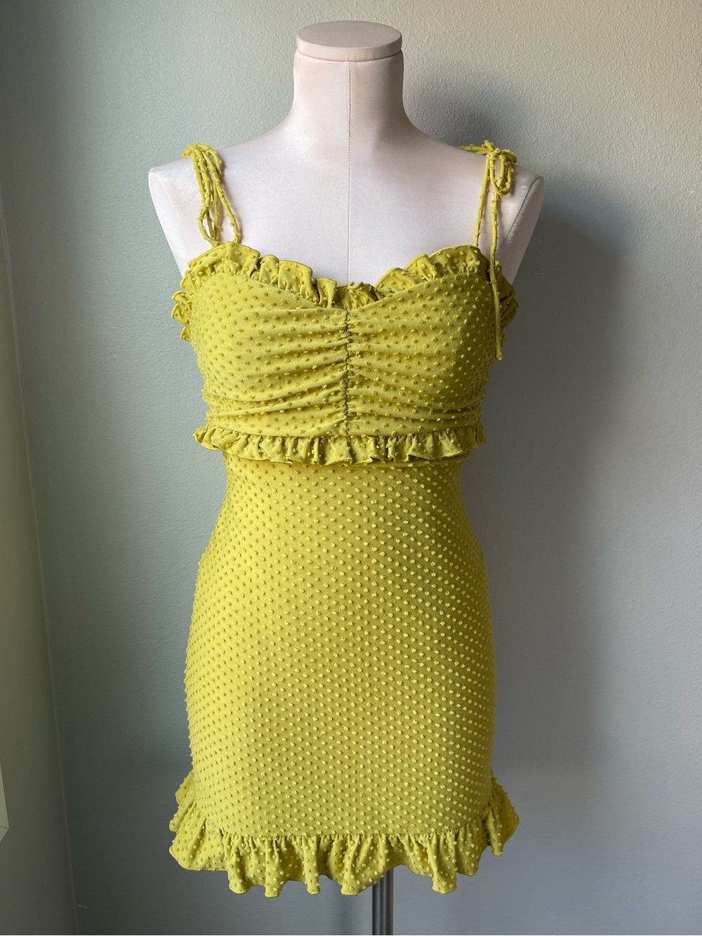 REVOLVE Tularosa Chartreuse Swiss Dot Ruffle Mini Dress